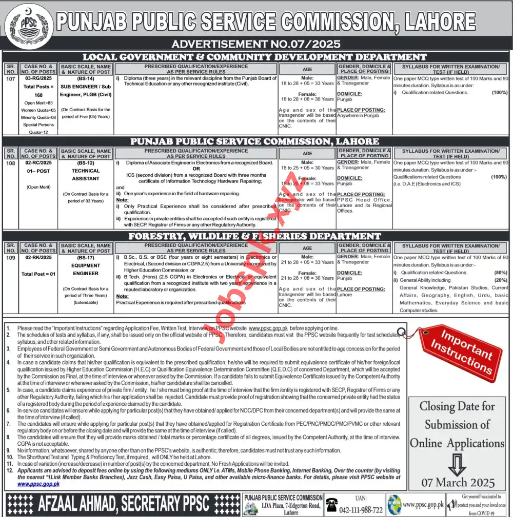 PPSC Sub Engineer Civil Jobs 2025