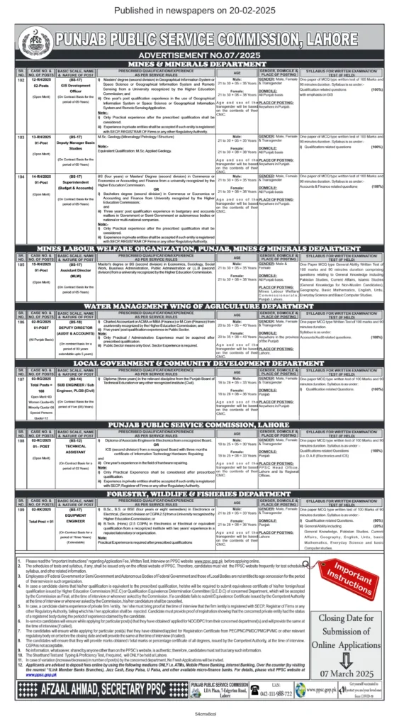 PPSC Jobs Advertisement No.07/2025