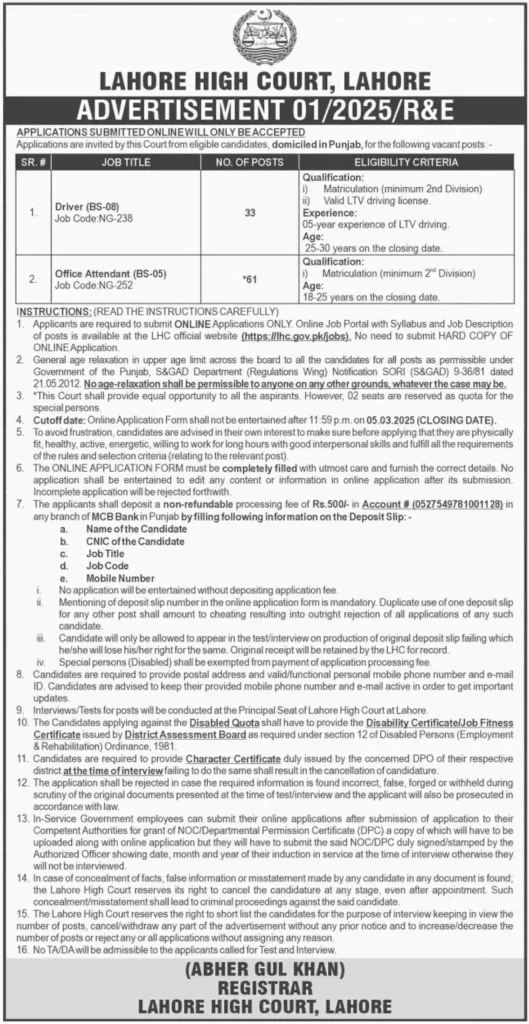 Lahore High Court LHC Jobs 2025